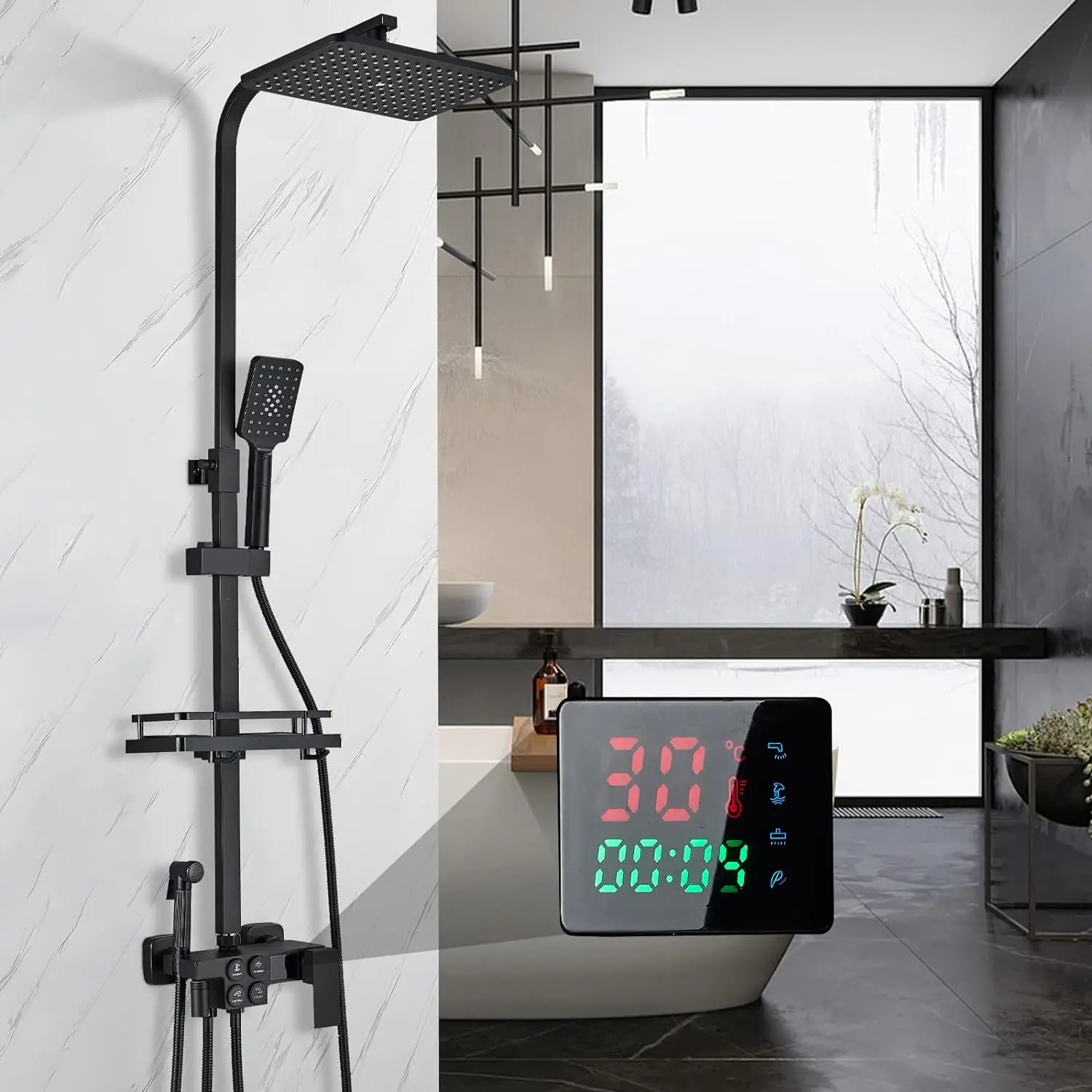 Hot Cold Digital Bathroom Shower Set Quality Brass Bathroom Faucet Accessories Rain Shower Head Thermostatic Bath Shower System