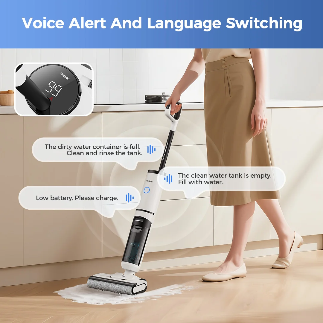Беспроводной пылесос Redkey W15 Pro, мощное всасывание, 22 кПа, самоочищающаяся палочка, пылесос для влажной и сухой уборки, швабра для очистки кромок, самосохнущая