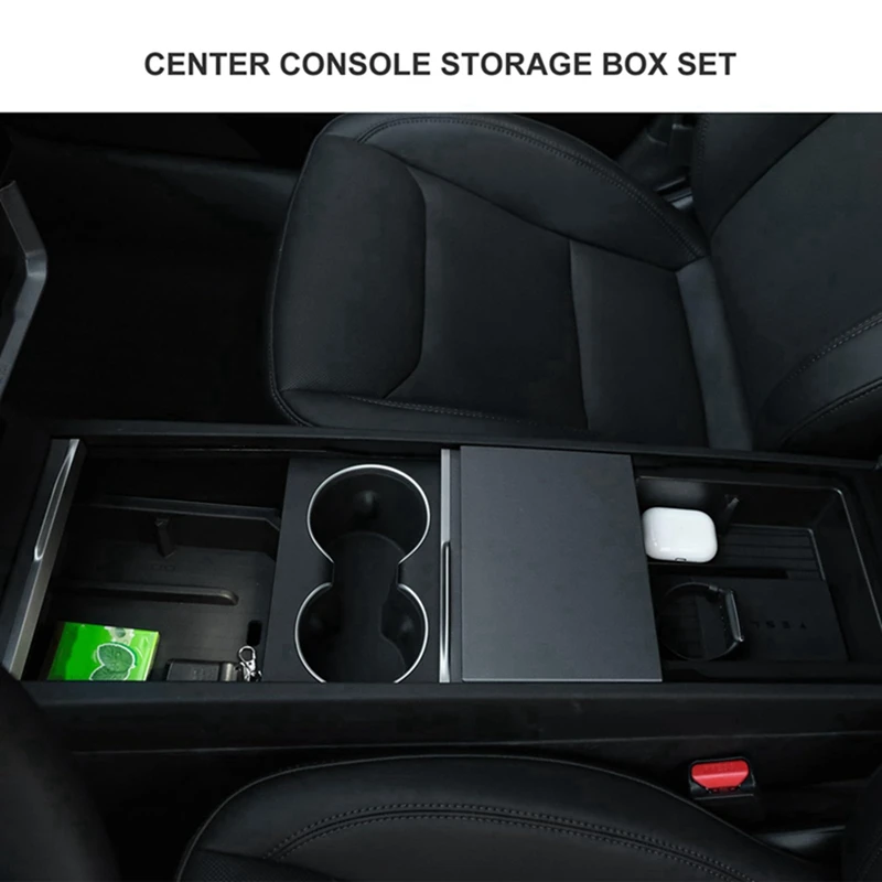 4 Piece Center Console Organizer Lower Bottom Storage Tray Armrest Storage Box Black ABS For Tesla Model 3 Highland 2024