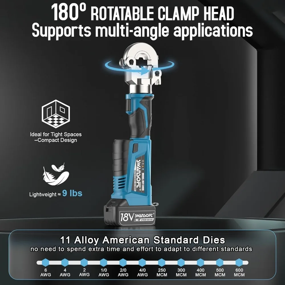 Electric Hydraulic Crimping Tool,6Ton 6AWG-600MCM Rechargeable Hydraulic Crimper for Cu/Al Terminal, Crimp 20000 Times