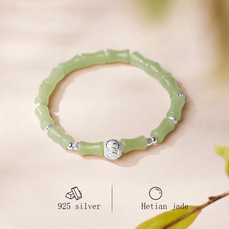 Women's Genuine Green Natural Hotan Jade Bamboo Bracelet with Silver round Beads Chinese Style High-End Jewelry Gift for Mothers