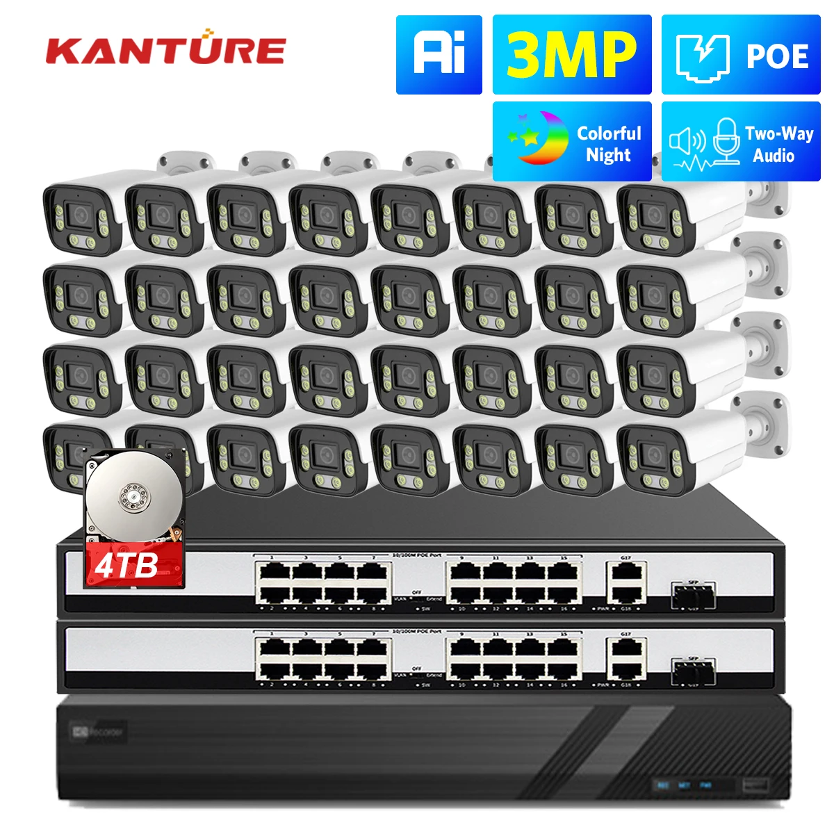 KANTURE 32CH 4K Video Surveillance System HD 3MP Ai Human Detection Outdoor Two Way Audio Color Night Security Camera Kit Xmeye