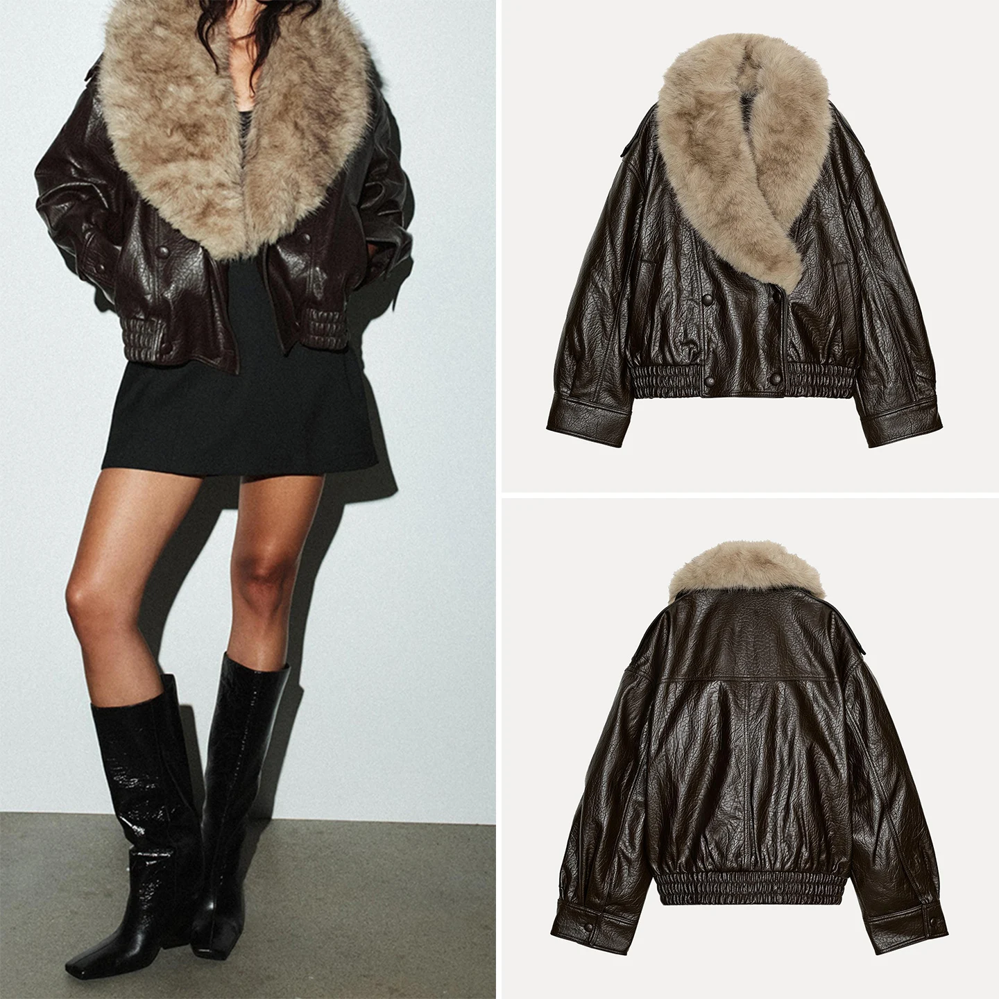 

Faionable Detachable Collar Faux Leather Jaet Women's ort Outerwear Stand Fit European Sle Zipper Closure Long Sve