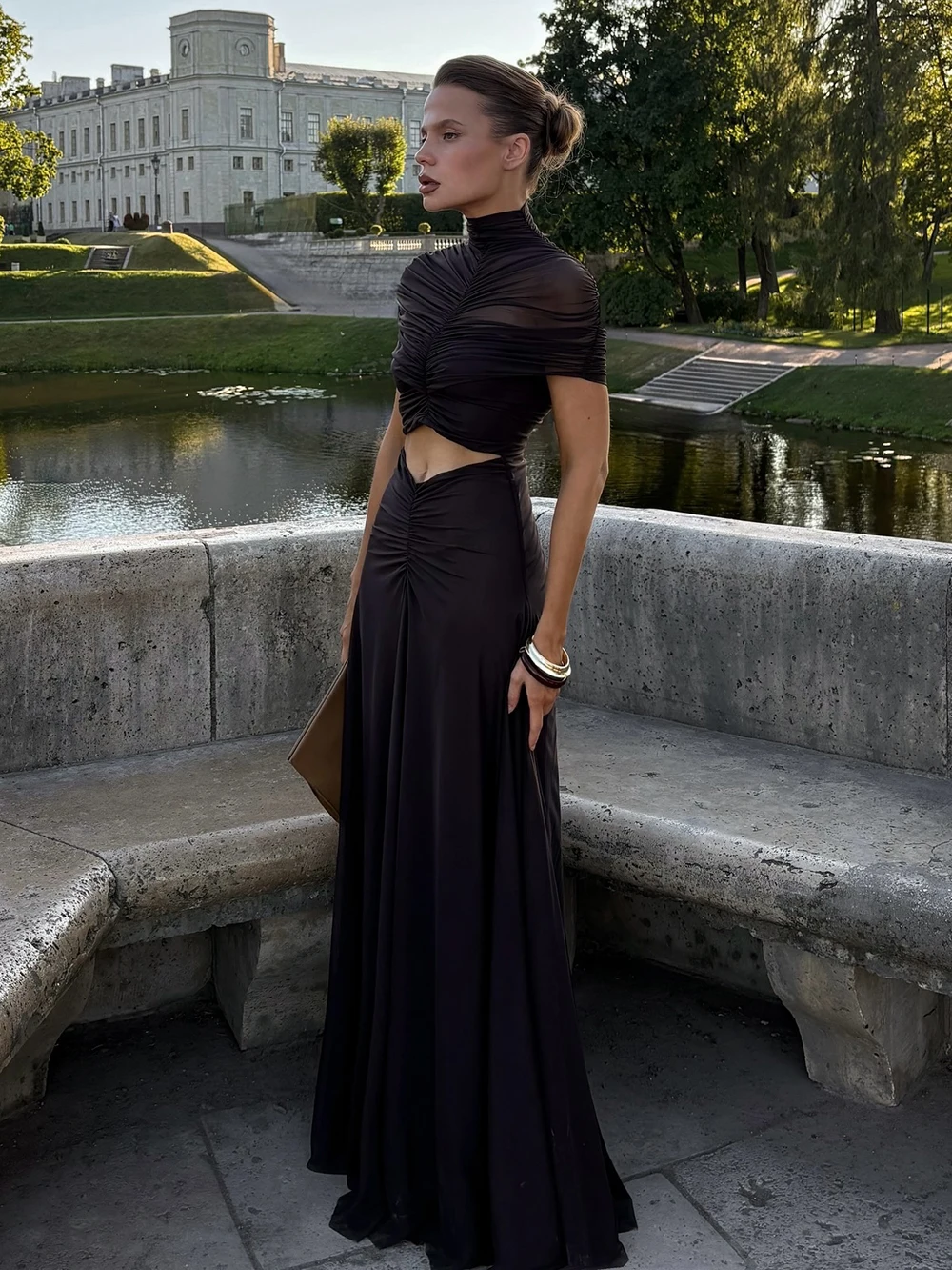 Nowa seksowna sukienka maxi damska z odkrytymi ramionami, bufiastą spódnicą i materiałem z siateczki, długa suknia wieczorowa.