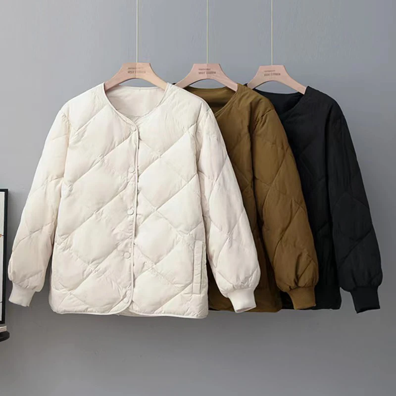 Autumn down jacket short top with round neck button long sleeved fashionable short jacket