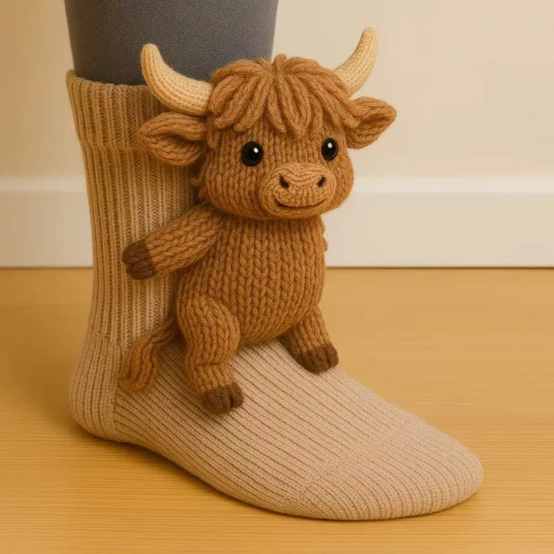 

3D Plush Animal Socks Cute Crochet Knit Cartoon Non-slip Mid Tube Socks