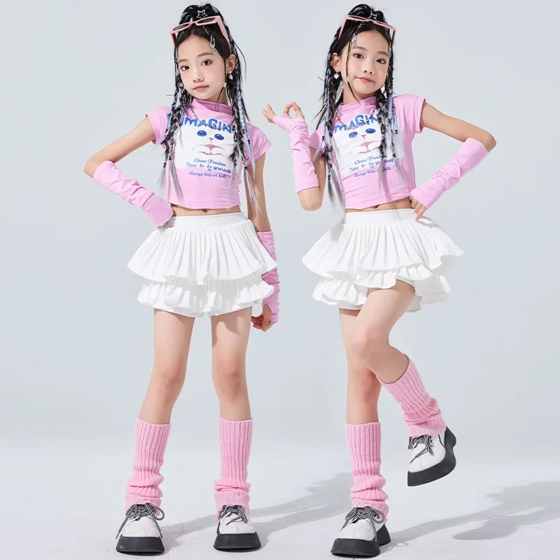 

Girls Hip Hop Crop Top White Street Dance Skirt Fashion Sweet High Neck T-shirts Streetwear Clothes Sets Group Jazz Costumes