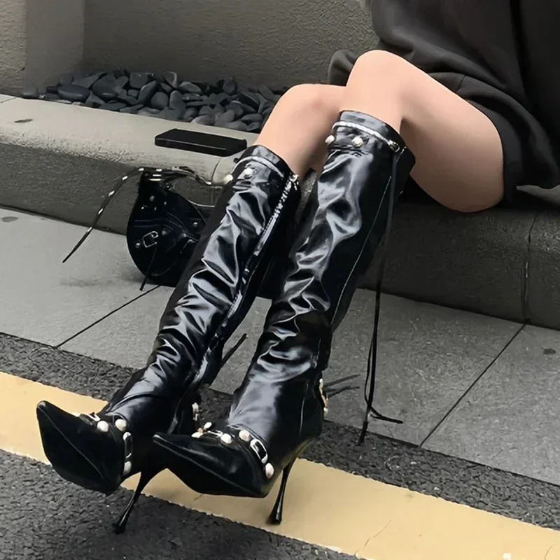 

New Women Knight High Boots Fashion Tassels Side Zippers Ladies Elegant Pointed Toe Long Booties Women's Footwear