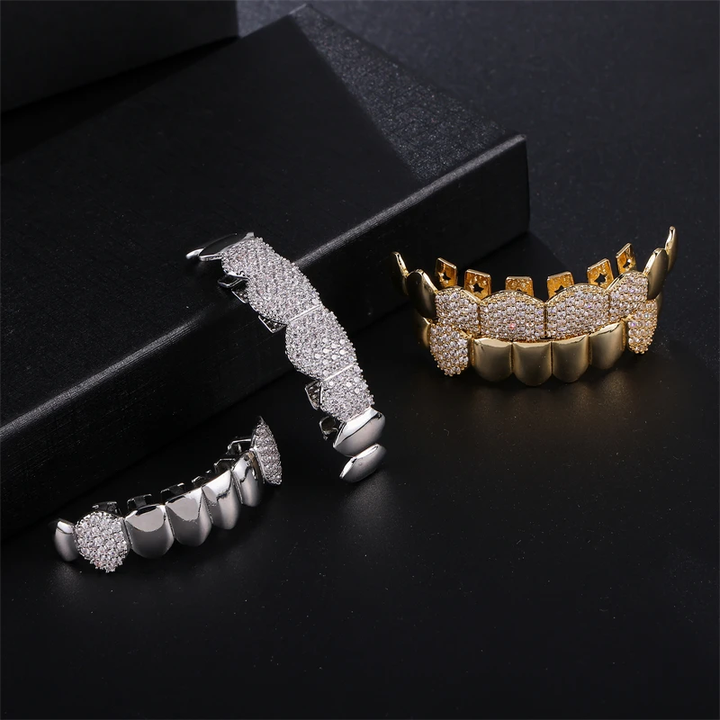 Hip Hop CZ Stones Teeth Grillz Caps Cubic Zircon Iced Out Micro Pave Top&Bottom Charm Grills For Men Women Jewelry