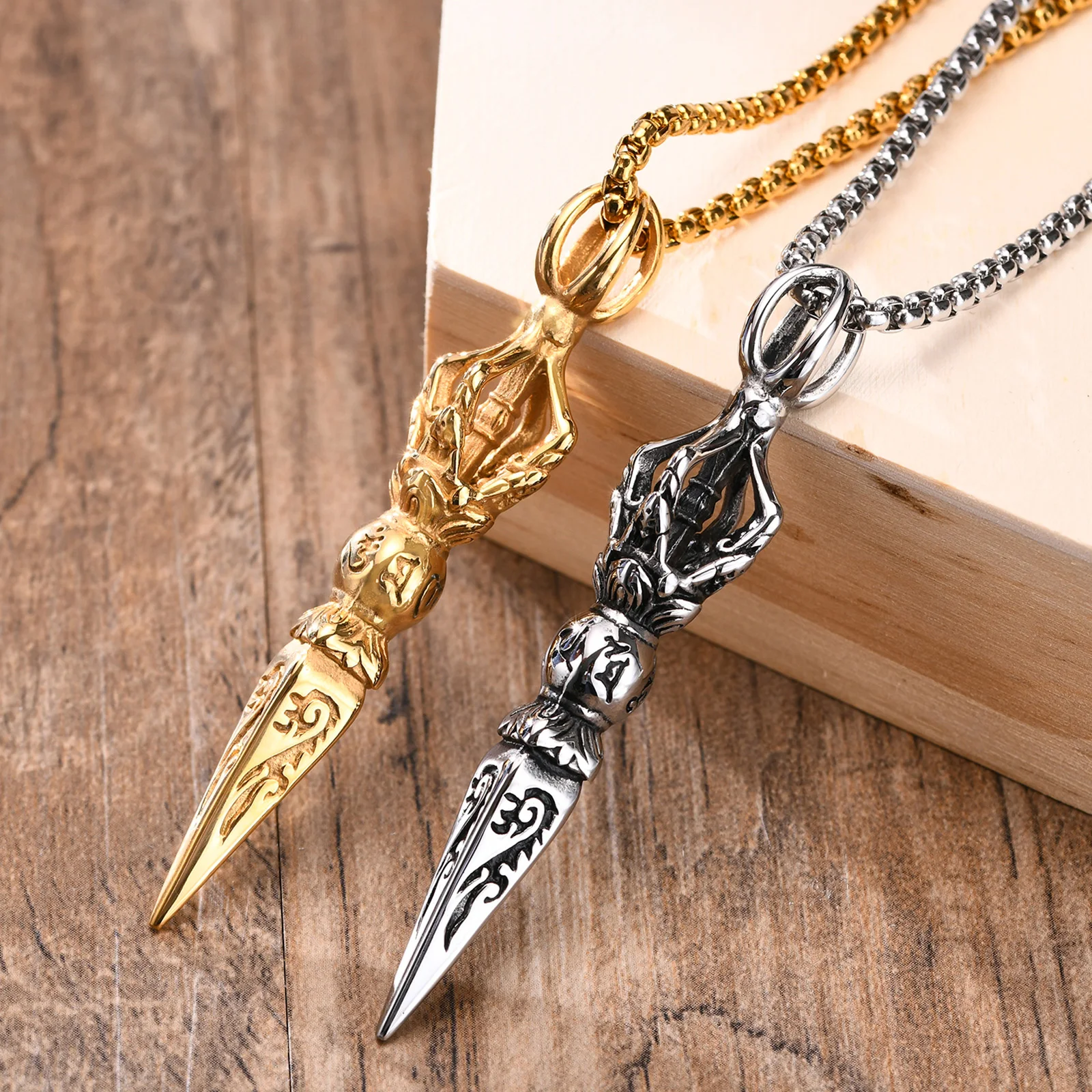 Vnox Punk Stainless Steel Tibetan Buddhist Protection Necklaces for Men, Vajra Dagger Patron Saint Amulet Pendant Prayer Jewelry