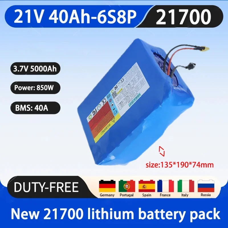 New 21V 40Ah 21700 6S8P lithium battery pack A-class battery 40A BMS 850W high-power rechargeable battery+25.2V 2A charger