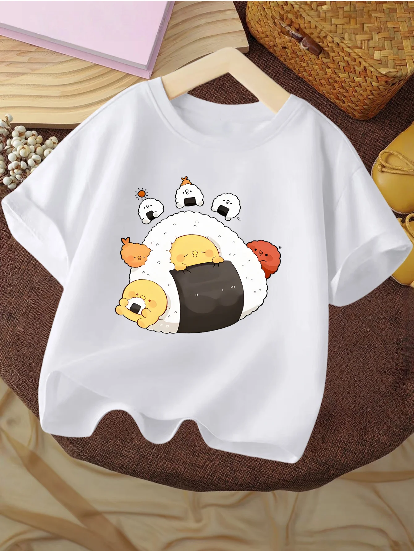 Lovely Onigiri Little Chicken Cartoon Asian Snack Art Print Kids T Shirt Boys Girls Family Matching Summer Crew Neck Casual Tee
