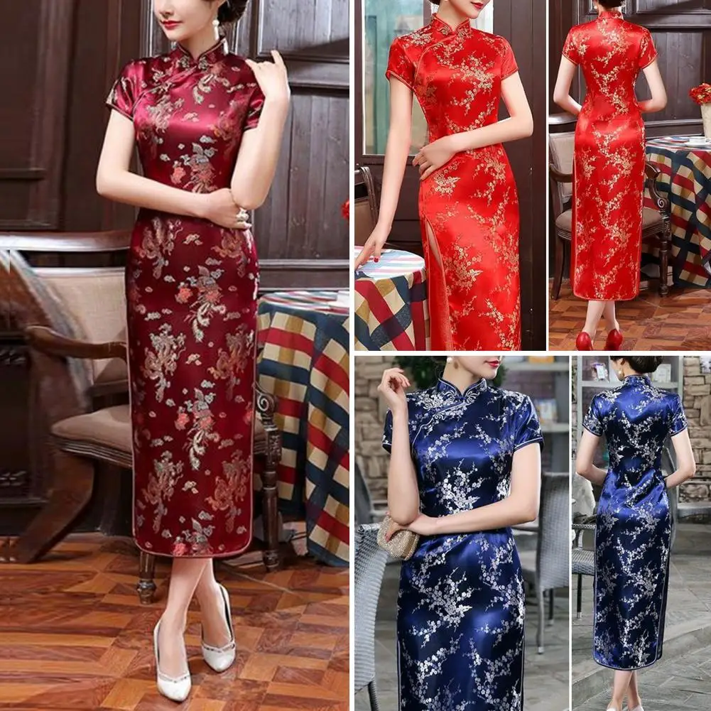 

Women Dress Floral Embroidery Style Lady Vintage Qipao Chinese Knot Buttons Cheongsam Satin Silky Traditional Asian Dress