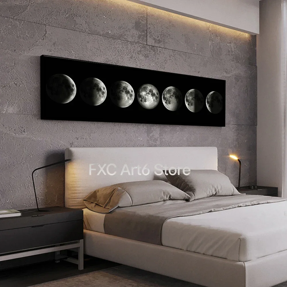 1PC frameless Moon Phase Minimalism Black and White Moon Nordic Mural Poster Home Interior Room Bedroom Wall Decoration Canvas A