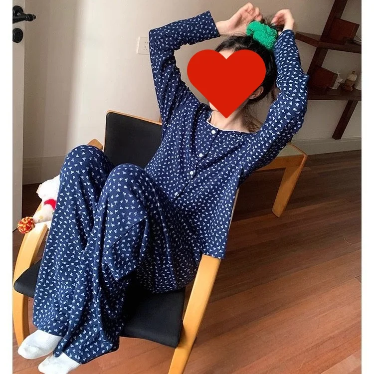 

Korean Style Floral Print Sleepwear Long Sleeve round Neck Cardigan Home Clothes Two-Piece Set for Women Spring Autumn Lazy S...