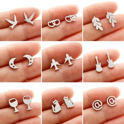 Mini Guitar Stainless Steel Stud Earrings Women Cute Leaf Dove Cat Animal Earings Fashion Jewelry Airplane Girls Studs Gifts