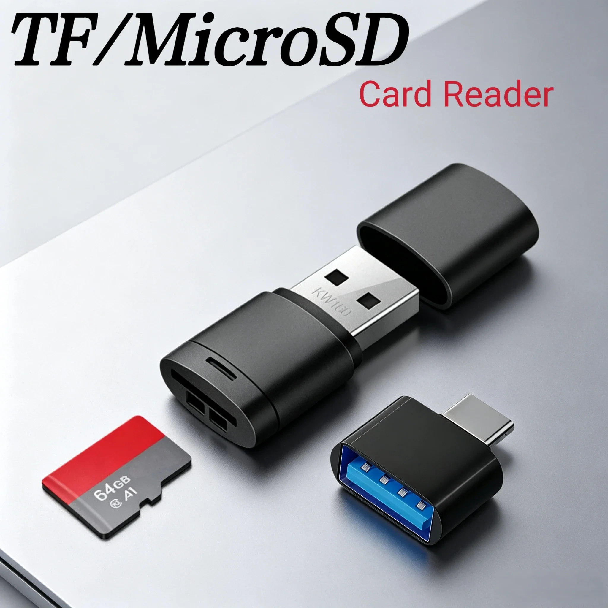 USB 2.0 High Speed Mini TF Memory Card Reader with Type-C Adapter, Compatible up to 2TB, Portable Memory Card Reader