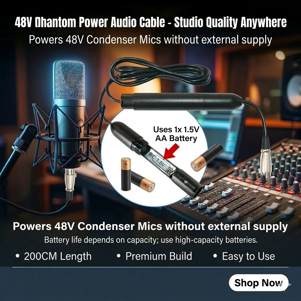 

Portable 48V Phantom Power Supply XLR Cable Battery Operated for Large Diaphragm Condenser Microphone 1.5V Powered XLR Adapter
