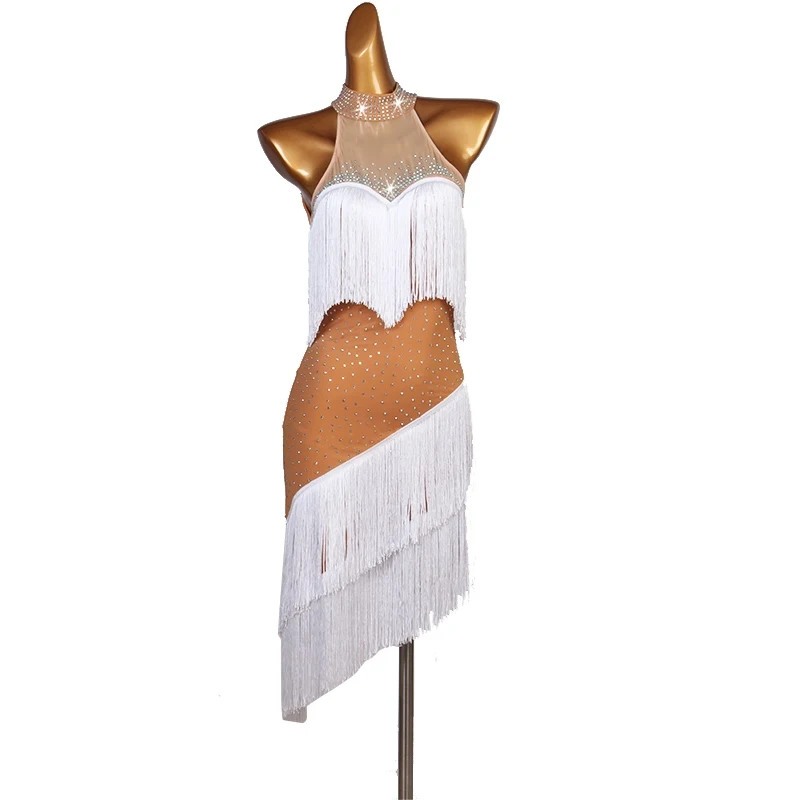ラテンダンスパフォーマンス衣装女性ホワイトブルーフリンジドレスチャチャサンバサルサ競技衣装セクシーなラテンダンスウェア4267