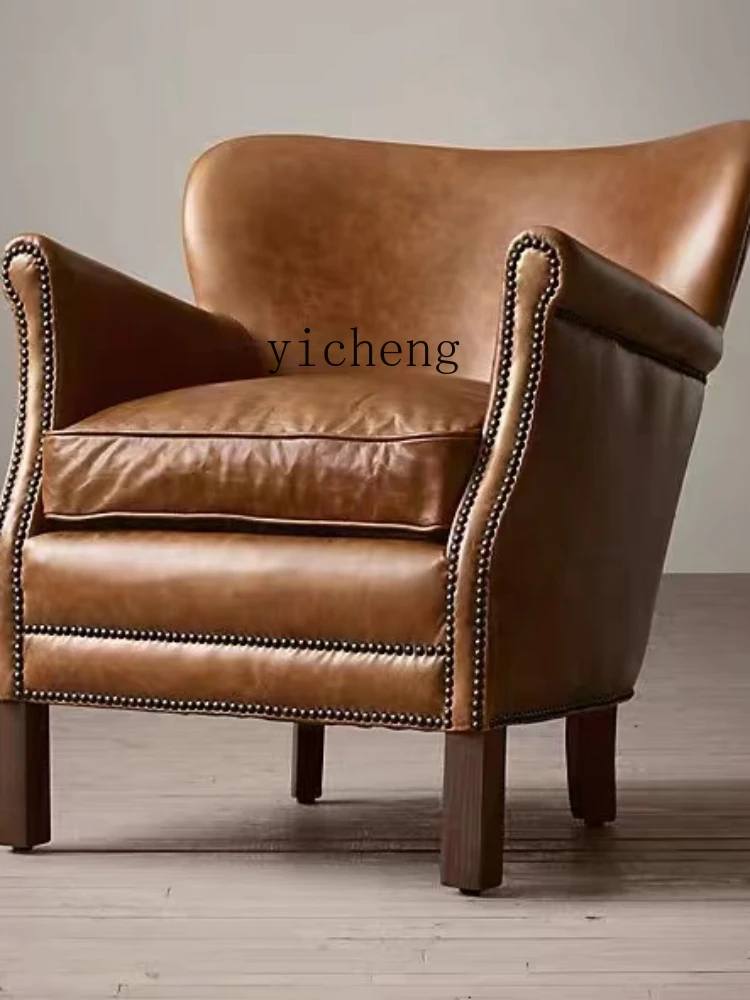 XL Genuine Leather Wingback Chair High-Rise Club Leisure High-End Villa Couch Lazy Light Luxury Chair