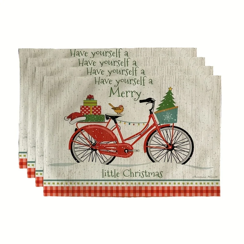 4pcs Christmas Theme Placemat Linen Table Pad Red Truck Tree Double-sided Printed Kitchen Placemat Dining Table Mats Decor
