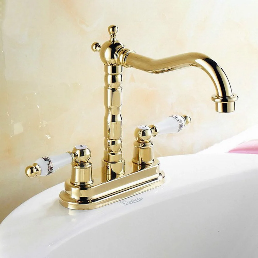 Gold Color Brass Double Handle Bathroom Wash Basin Mixer Taps / 2 Hole Deck Mounted Swivel Spout Vessel Sink Faucets Nnf322