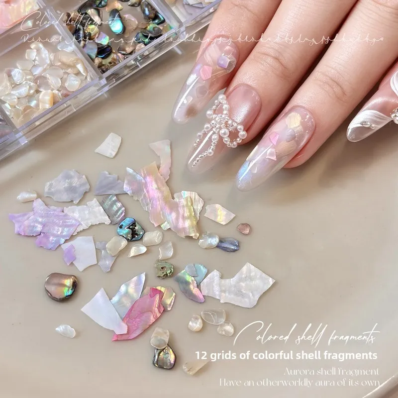 3D 12 Grid Iridescent Shell Flakes Nail Charms Ultra Thin Mother of Pearl Acetate Pieces DIY Nail Art Decorations view 3