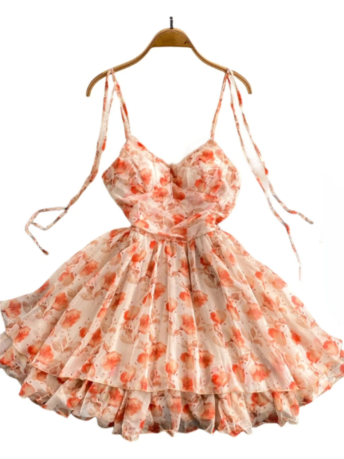 Vestido F Sem Mangas em Chiffon com Detalhes em Renda Floral Doce, Cintura Alta, Estilo A-line, Cor Laranja Vermelha