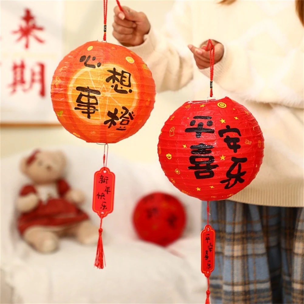 

DIY Mid-Autumn Lantern Red Lantern Handmade LED Light Traditional Festivals Portable Lantern Paper Good Luck Handheld Lantern