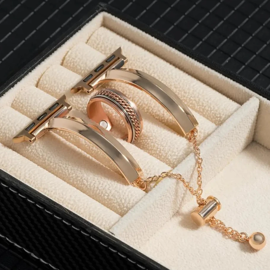 Ring+Strap for Apple Watch Ultra 2 10 9 8 7 6 5 4 3 Ladies Metal Stainless Steel Smart Watch Band for Iwatch 49mm 46mm 45mm 44mm