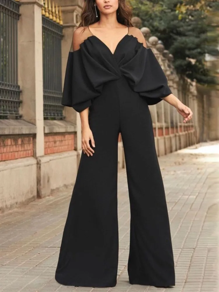 

Bonboho 2024 New Urban Women's Jumpsuit Shoulder Mesh Patchwork Elegant Suit Half Sleeves High Waist Wide Leg Pants Jumpsuits