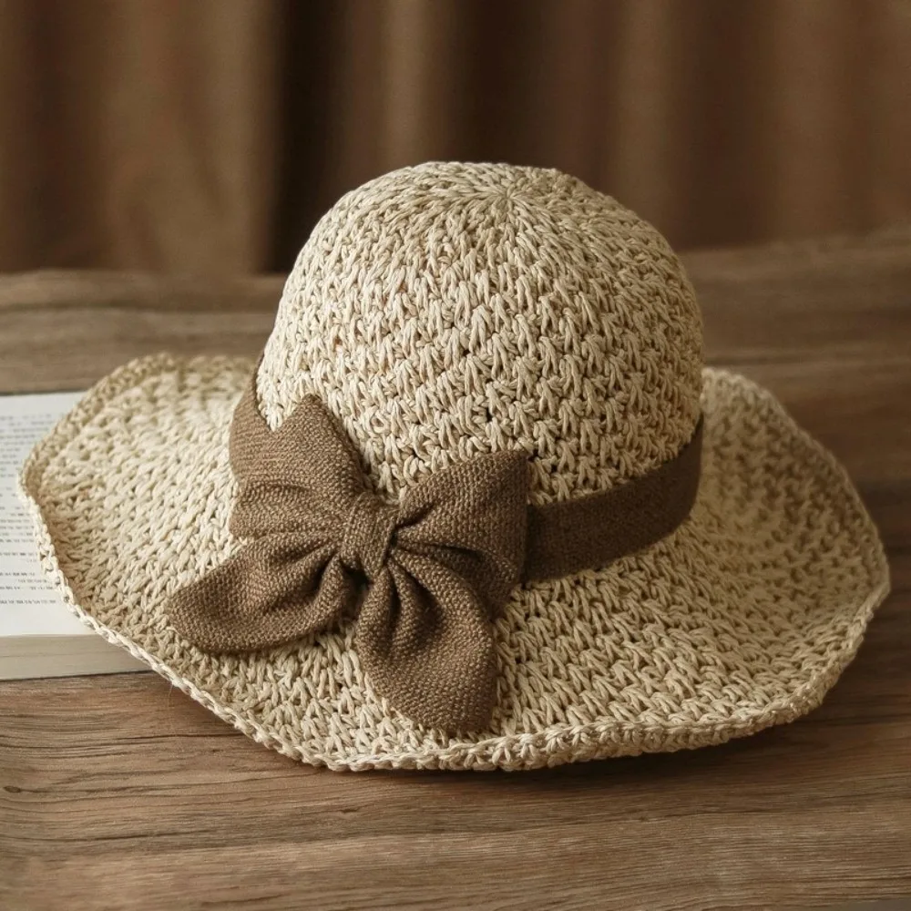 Vintage Breathable Braided Straw Hat with Bow Foldable Sunshade Hat UV Protection Wide Brim Beach Cap Summer