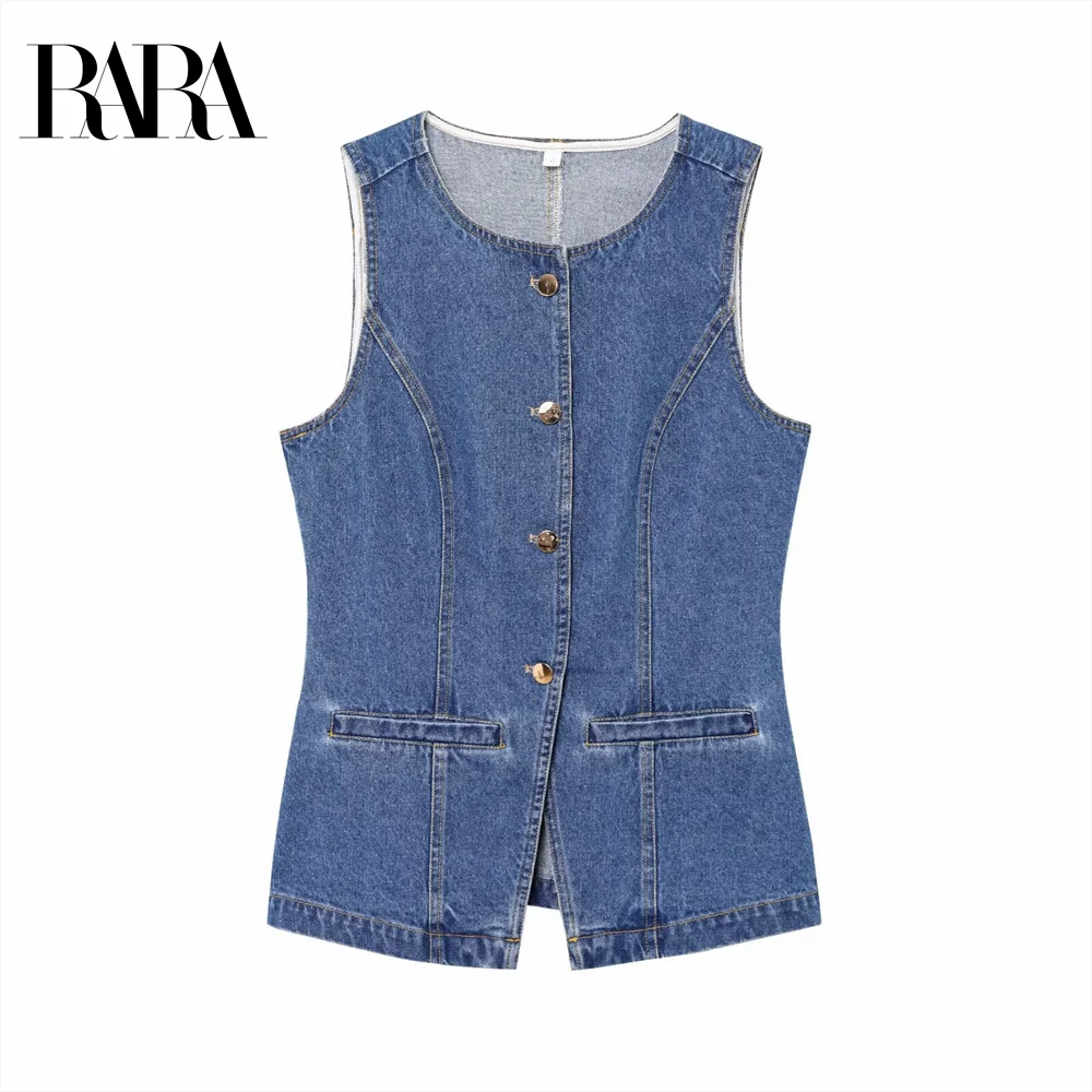 

2025 RARA Summer New Women's Fashion Casual Simple Slim Fit Solid Color Round Neck Sleeveless Cowboy Clip