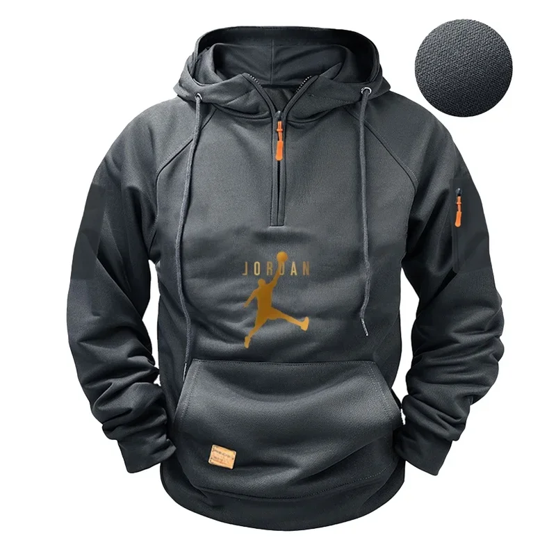 

Men's autumn and winter new hooded sweatshirts, fitness jogging sweatshirts, and casual half-zipper outdoor warm jackets