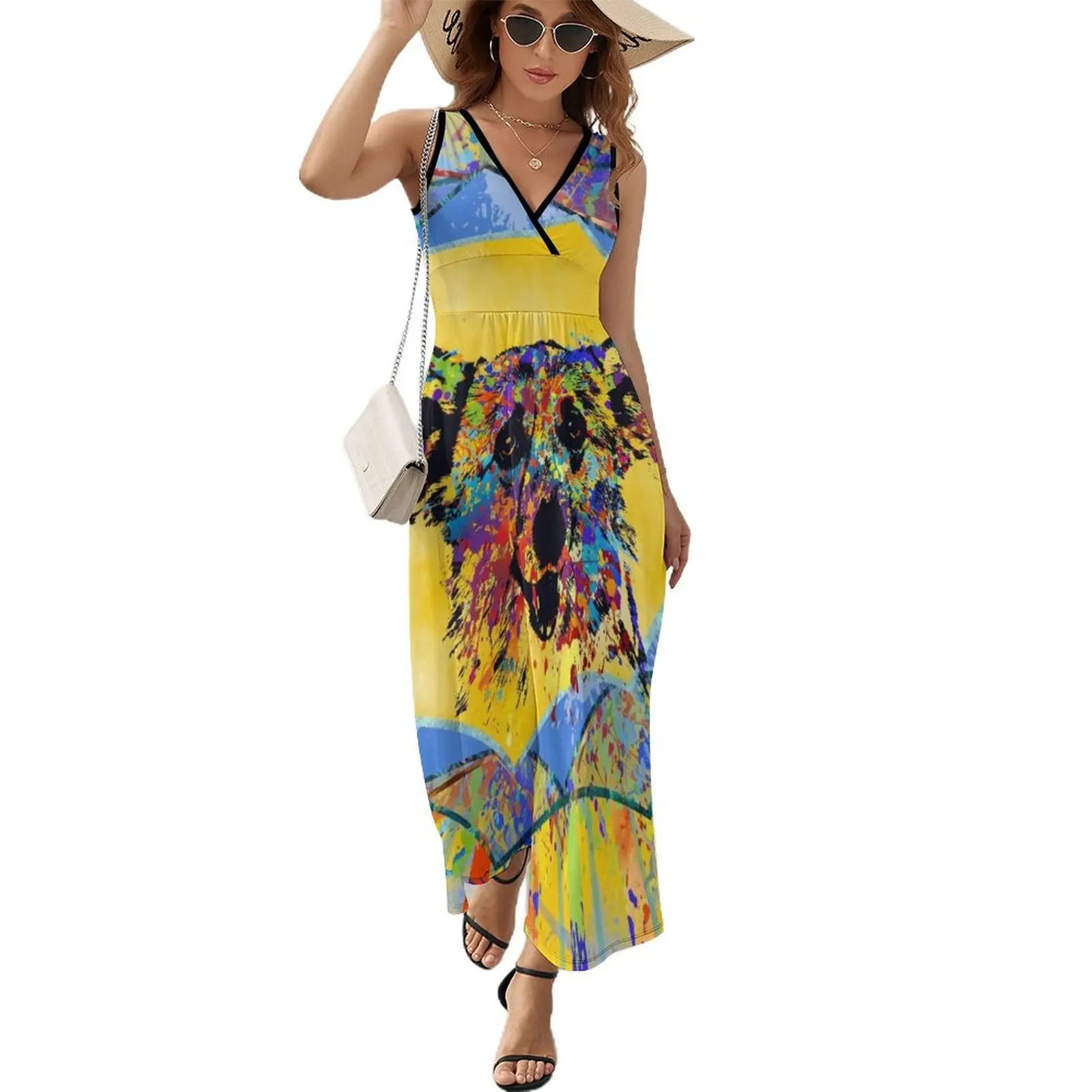 Colorful Corgi Portrait Abstract Mixed Media Sleeveless Dress Womens dresses long dresses for women