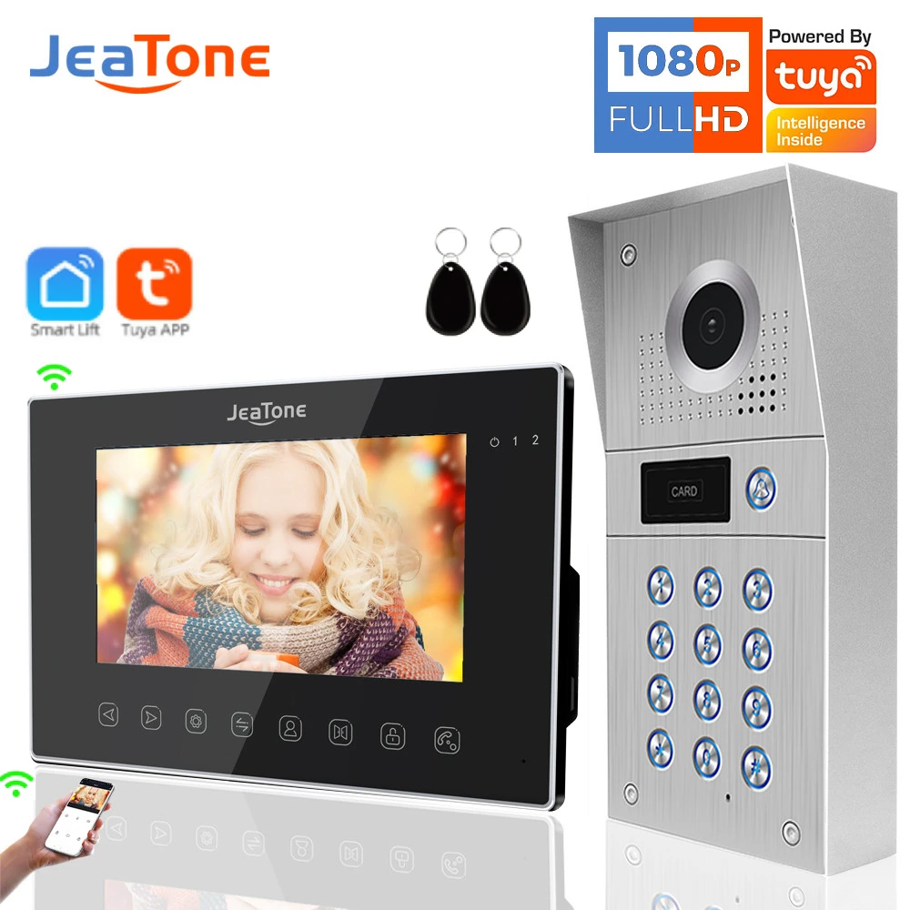 Jeatone 7Inch WiFi Video Intercom With 1080P Camera Entrance Gate Coder Passcode & ID Card Unlock And Motion Detection Fish Eye