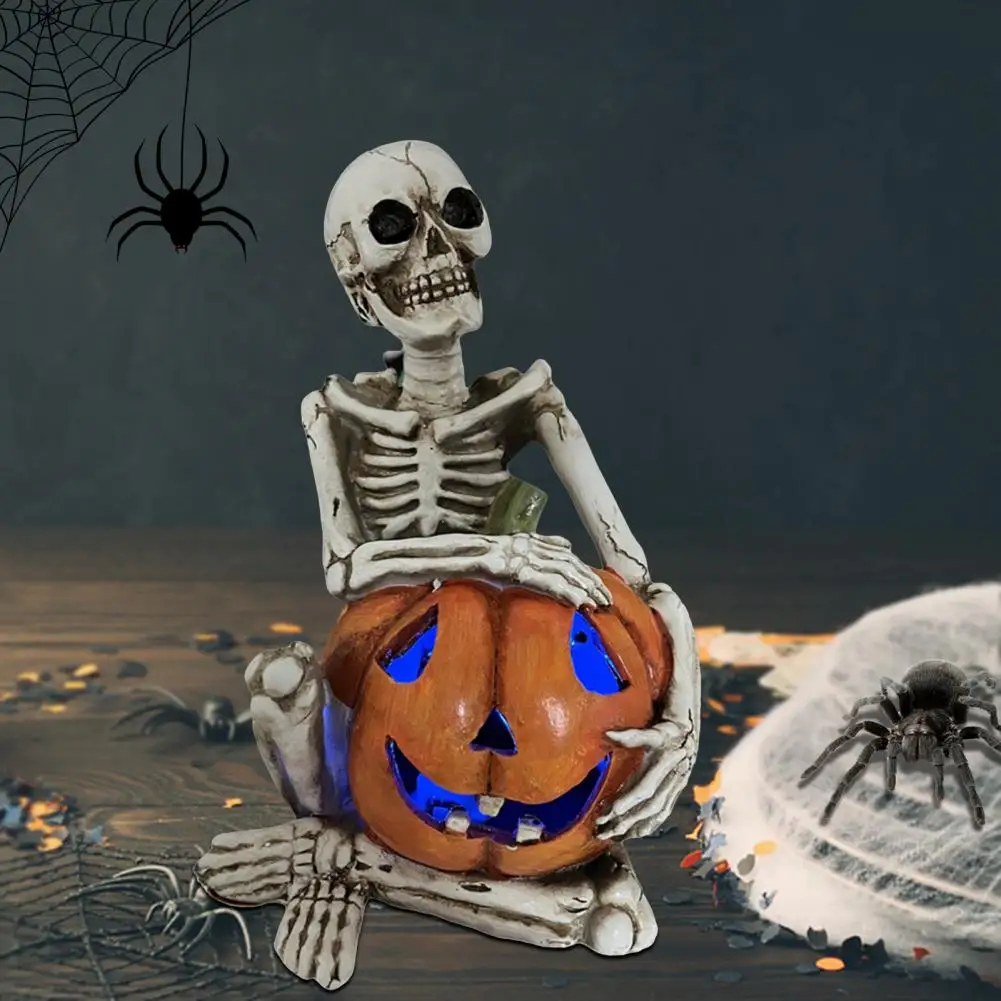 

Halloween Skeleton Decor Spooky Halloween Skeleton Pumpkin Figurine With Light-up Resin Statue For Home Office Desktop