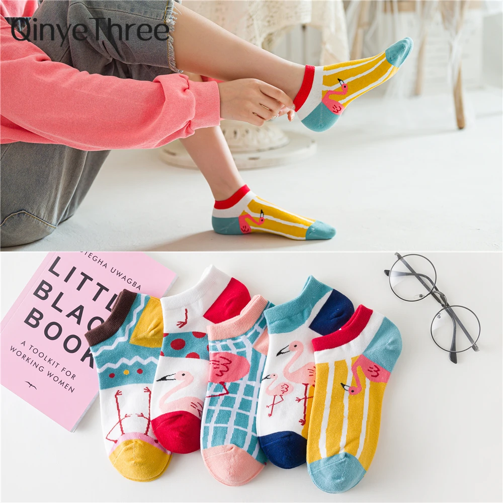 New Flamingo Patterned Short Ankle Socks Women Colorful Harajuku Funny Preppy Style Striped Lattice Sokken