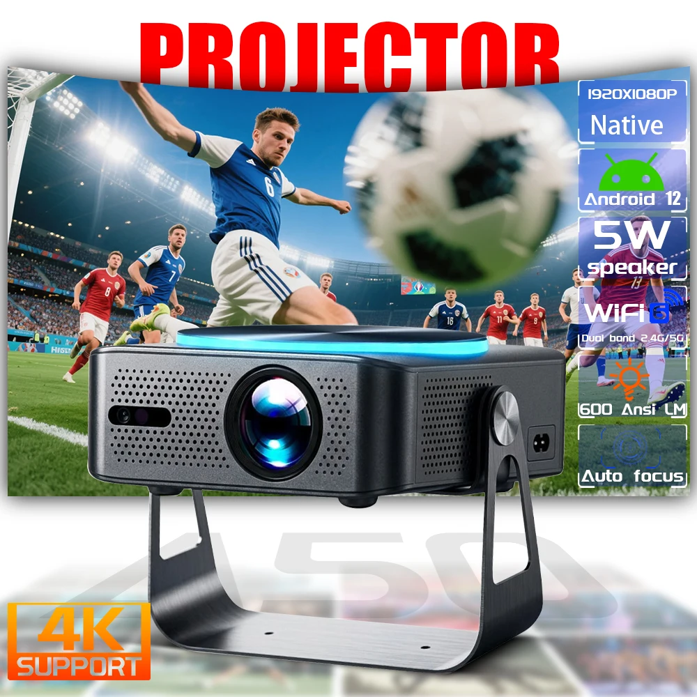 A50 Android TV Projector 600ANSI Native 1080P 4K WiFi6 Auto Keystone 360° Rotatable Home Theater Beamer