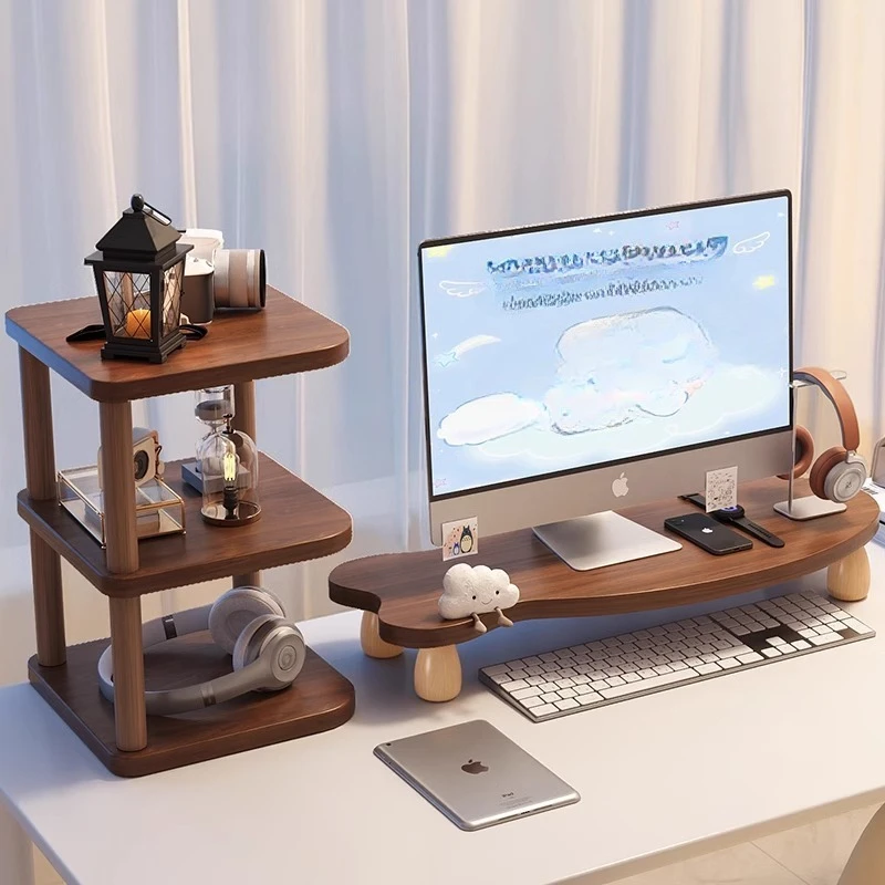 Walnut Color Desktop Monitor Riser Laptop Stand Heighten Screen Base Fish-shaped Computer Support Holder Office Desk Accessory
