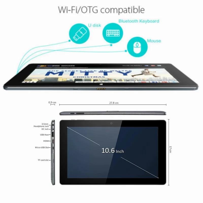 2024 Top Selling Dual OS 10.6 Inch Windows 10+Android 4.4 Tablet 1366*768IPS Tablets Pc 2GB RAM 32GB ROM Intel Z3735F Quad Core