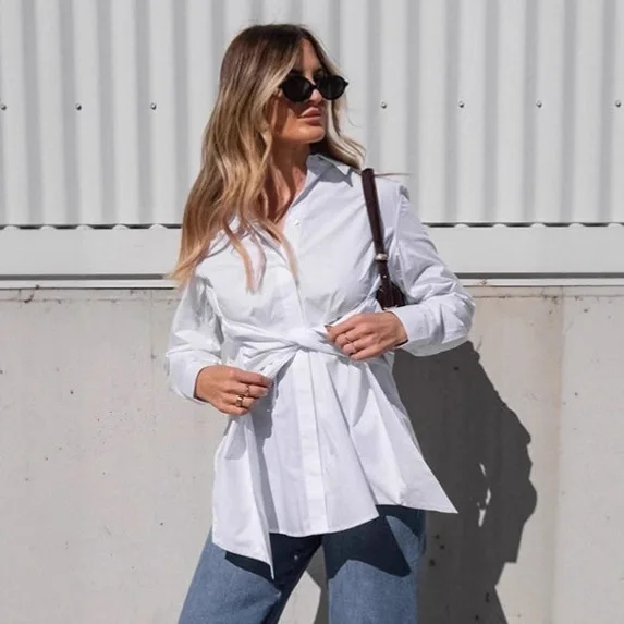 

Bow Lace Up Autumn Women Blouse Turn Down Collar Single Breasted Waist-cinching Female Shirt Instagram-Style Chic Shirt For Lady