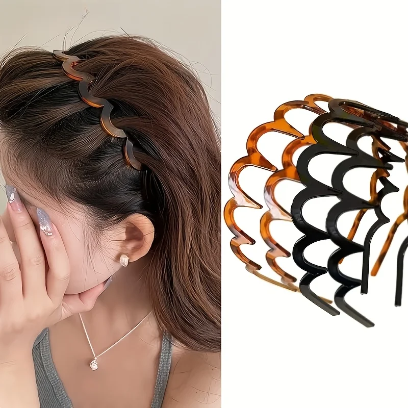 1 2-Piece Set of Vintage Tortoiseshell Black Wavy Toothed Headbands, Large Serrated Non-Slip Headbands, Hairbands for Washing Face and Holding Hair, Simple and Versatile Basic Hair Accessories