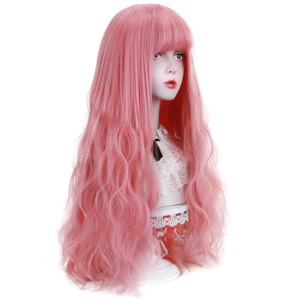 AICKER Wig sintetis panjang merah muda dengan poni, Wig Cosplay panjang bergelombang dengan poni untuk wanita Halloween Natal 30"