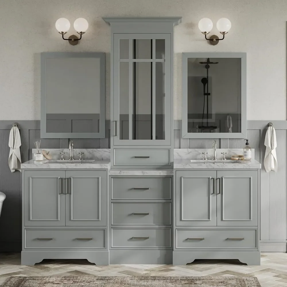 

85 Inch Bathroom Double Dressing Table with 1.5-inch Edge Italian Carrara Marble Countertop and Back Panel, Mirror Cabinet Gray