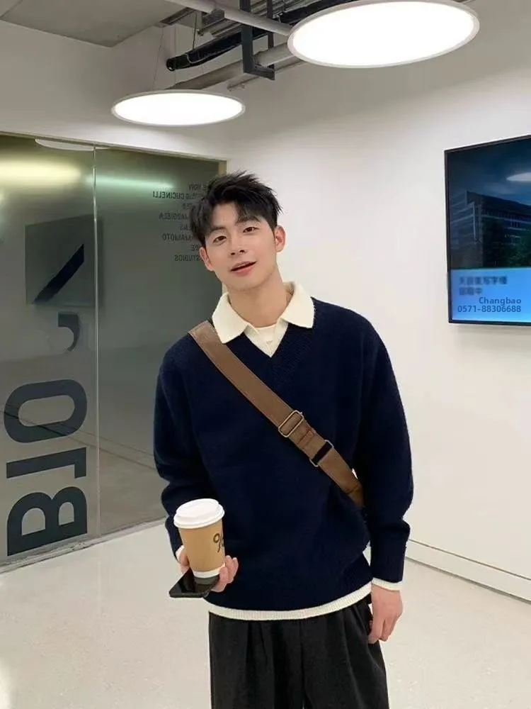 

Thiened Collar Men's Knitted Sweater Inner Wear Autumn Winter Korean Sle Warm Fake Two-Piece Polyester Fiber Casual Faion