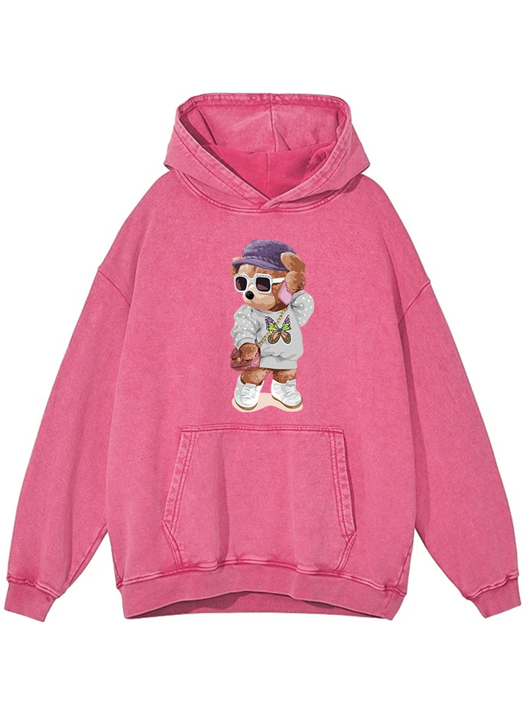 

Cute Little Bear Sister Printed Women Washed Cotton Hoodie Harajuku Casual Hoody Fashion Loose Hooded Autumn Warm Vintage Tops