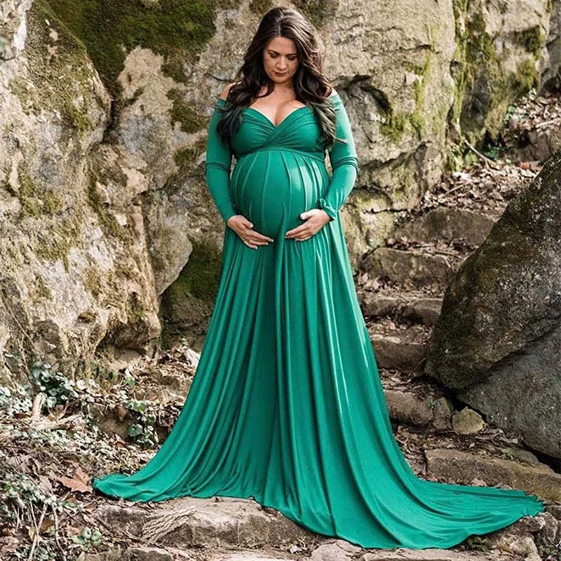 Maternity Dresses Long Sleeve Solid Deep V Neck Sexy Floor Length Maxi Pre Mom Dresses Women Photo Rehearsal Pregnant Famme Robe