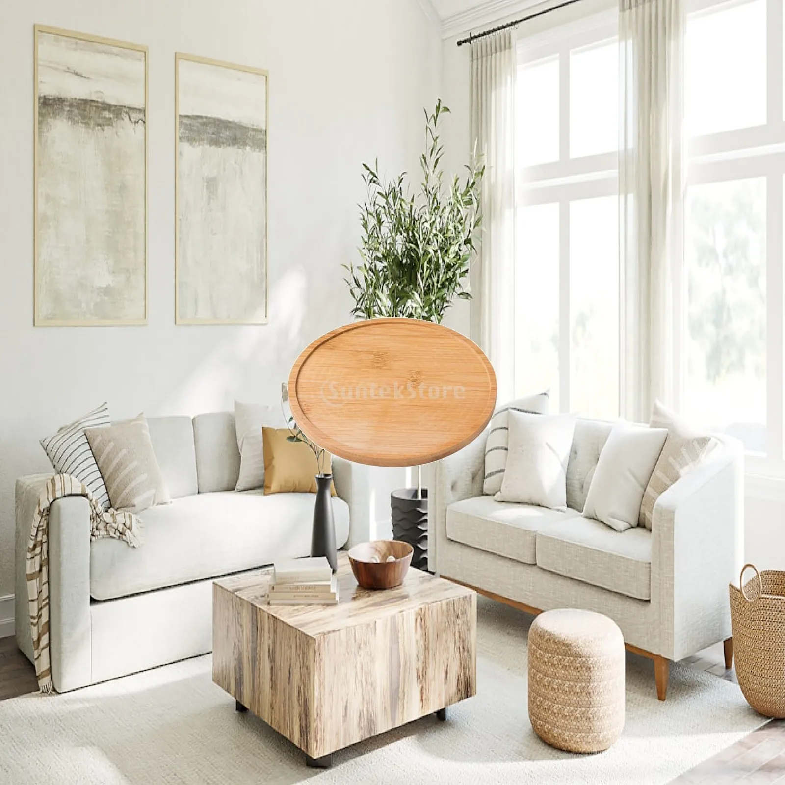 Bamboo Industrial Tray Round Waterproof Plant Saucer Stable Base Indoor Plant Pot Cover for Ceramic Planter Display