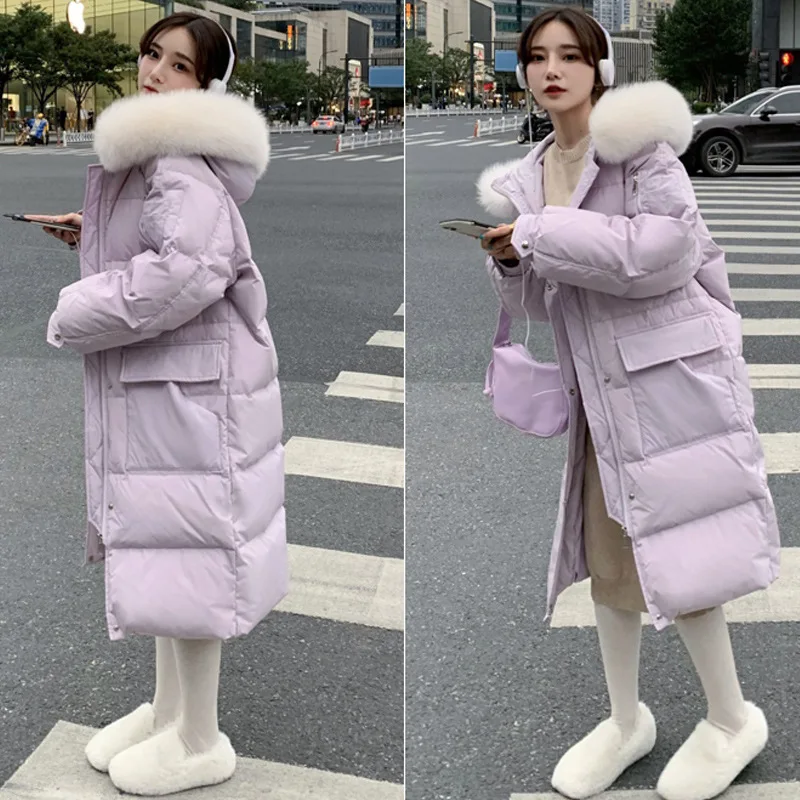 Winter Down Cotton Jacket Women\'s Winter Hooded Faux Fur Collar Coat Warm Parkas Snow Outwear Oversized Long Winter Jacket